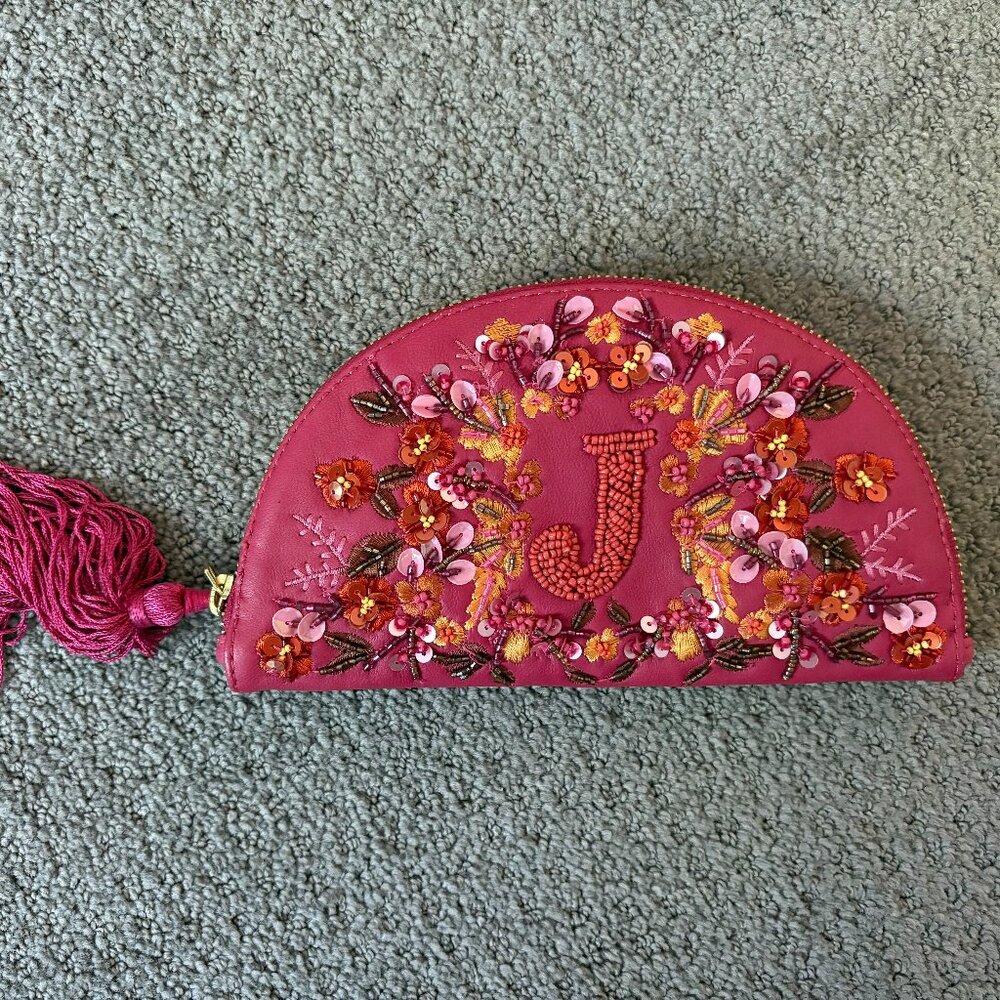 Anthropologie J Monogram Embellished Pink Leather Clutch With Tassel & Beading